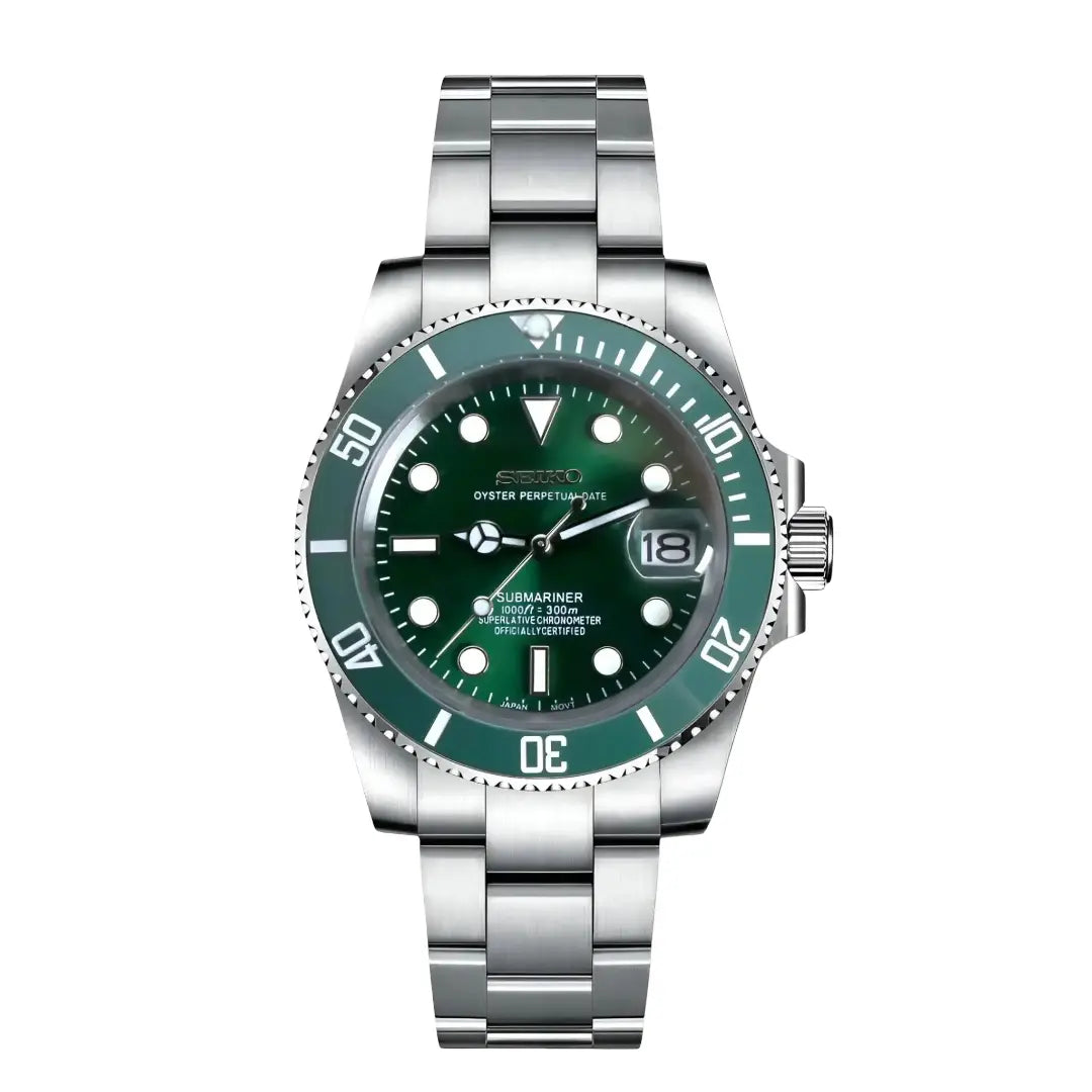 Silver seiko mod watch submariner hulk green with a black face and blue bezel on a white background