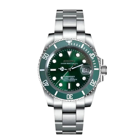 Silver seiko mod watch submariner hulk green with a black face and blue bezel on a white background
