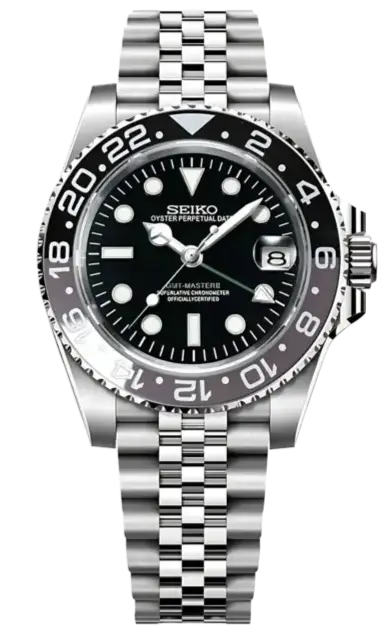 Seiko watch with black dial and silver metal bracelet on a white background seiko mod