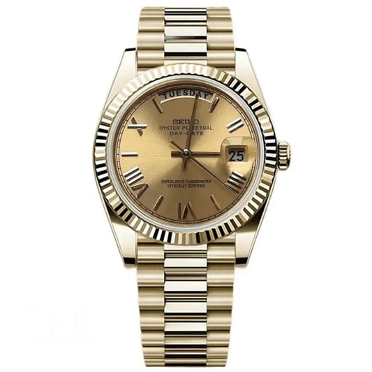 Gold Seiko mod day date watch with a white background
