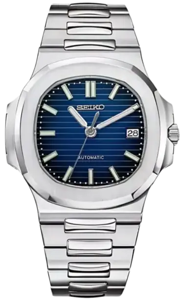 Silver Seiko watch with blue face on a seiko mod