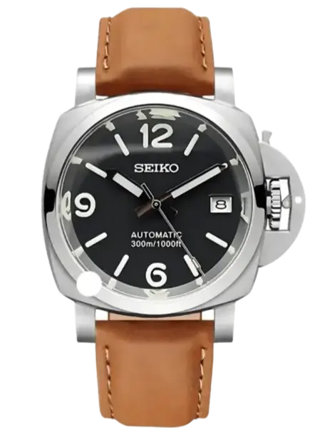 Seiko watch with brown leather strap on a white background seiko mod 