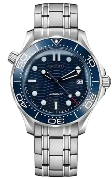 Seiko watch with blue dial and silver metal bracelet on a white background Seiko mod