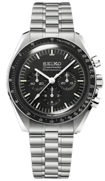 Seiko watch with black dial and silver metal bracelet on a white background seiko mod