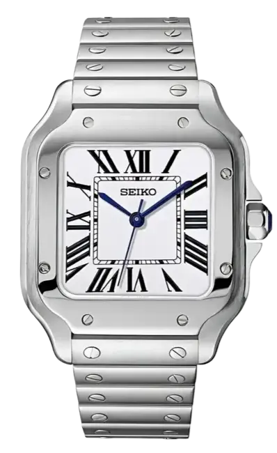 Silver Seiko watch with Roman numeral markers on a white background seiko mod