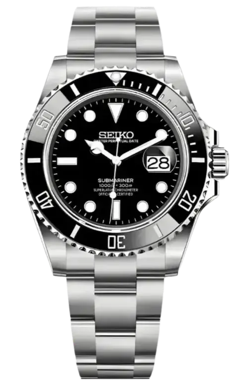 Seiko watch with black dial and silver metal bracelet on a white background seiko mod watch