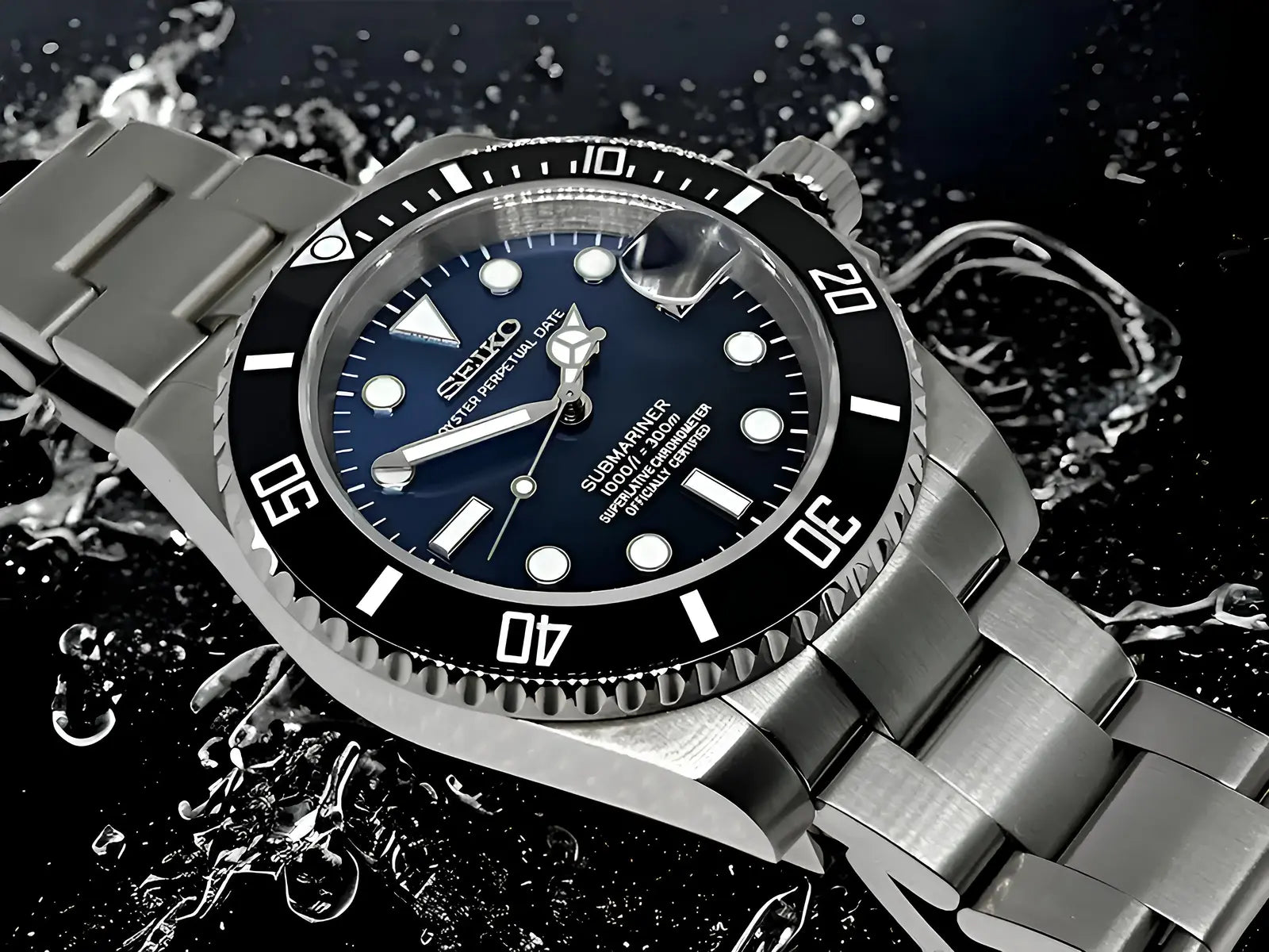 Seiko watch with a blue dial and silver metal strap on a dark background - seiko mod