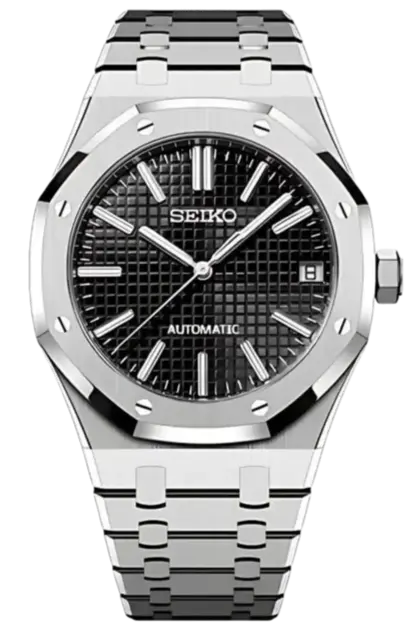 Seiko watch with black face and silver metal band on a white background seiko mod