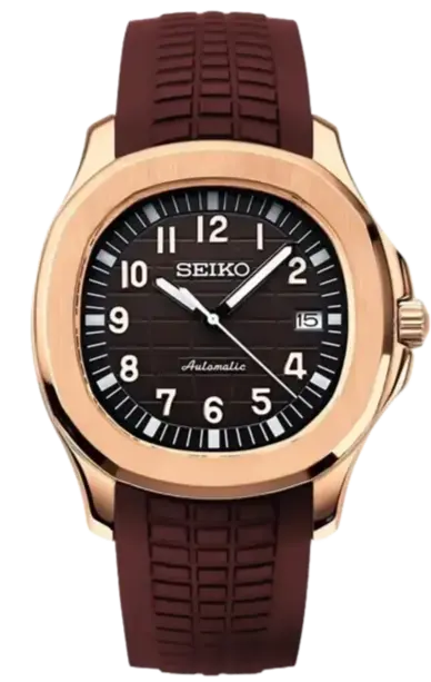 Seiko watch with brown strap and rose gold casing on white background seiko mod