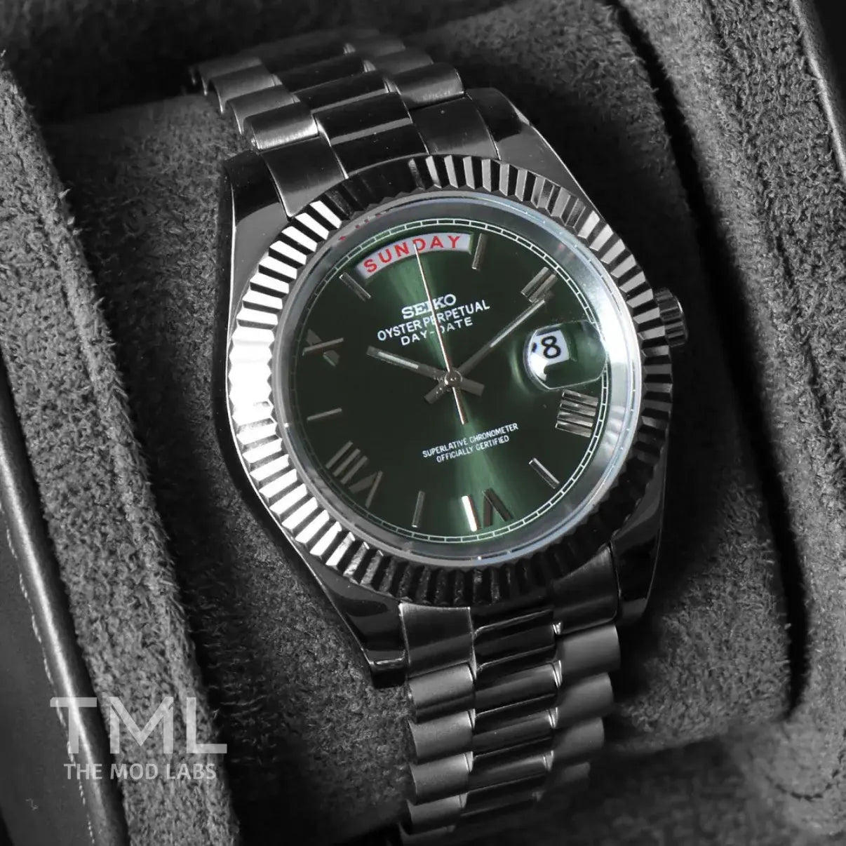 Silver Seiko mod watch mint green day date the mod labs