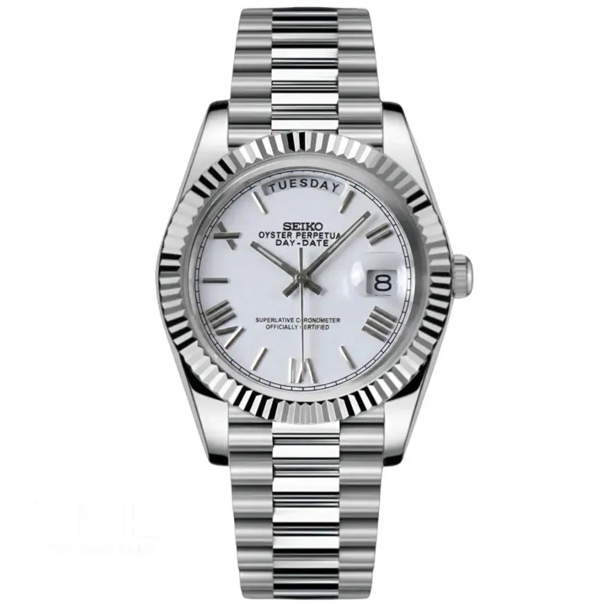 Silver Seiko mod watch white date just with a white face on a white background