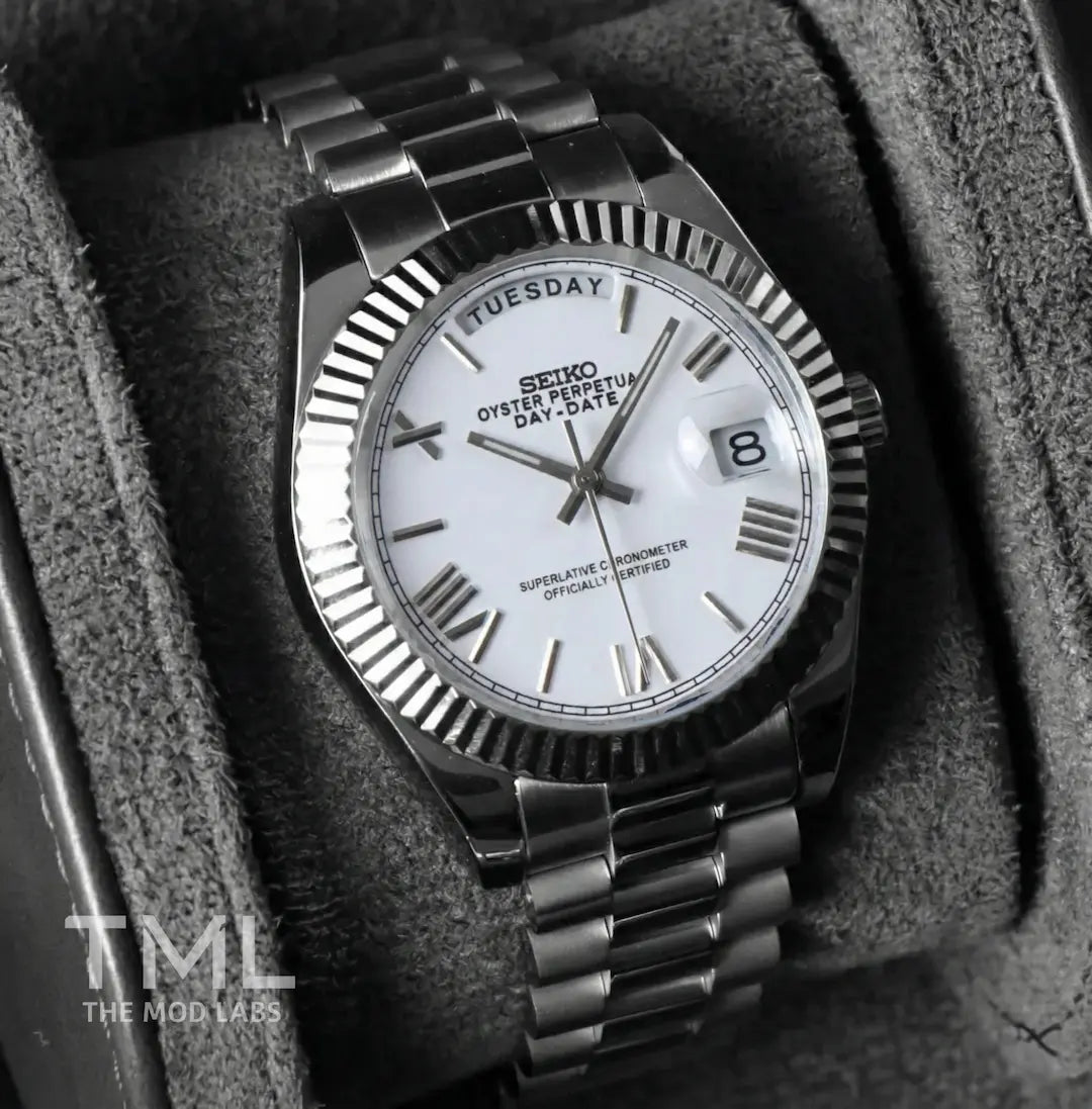 Silver and white Seiko mod day date watch the mod labs