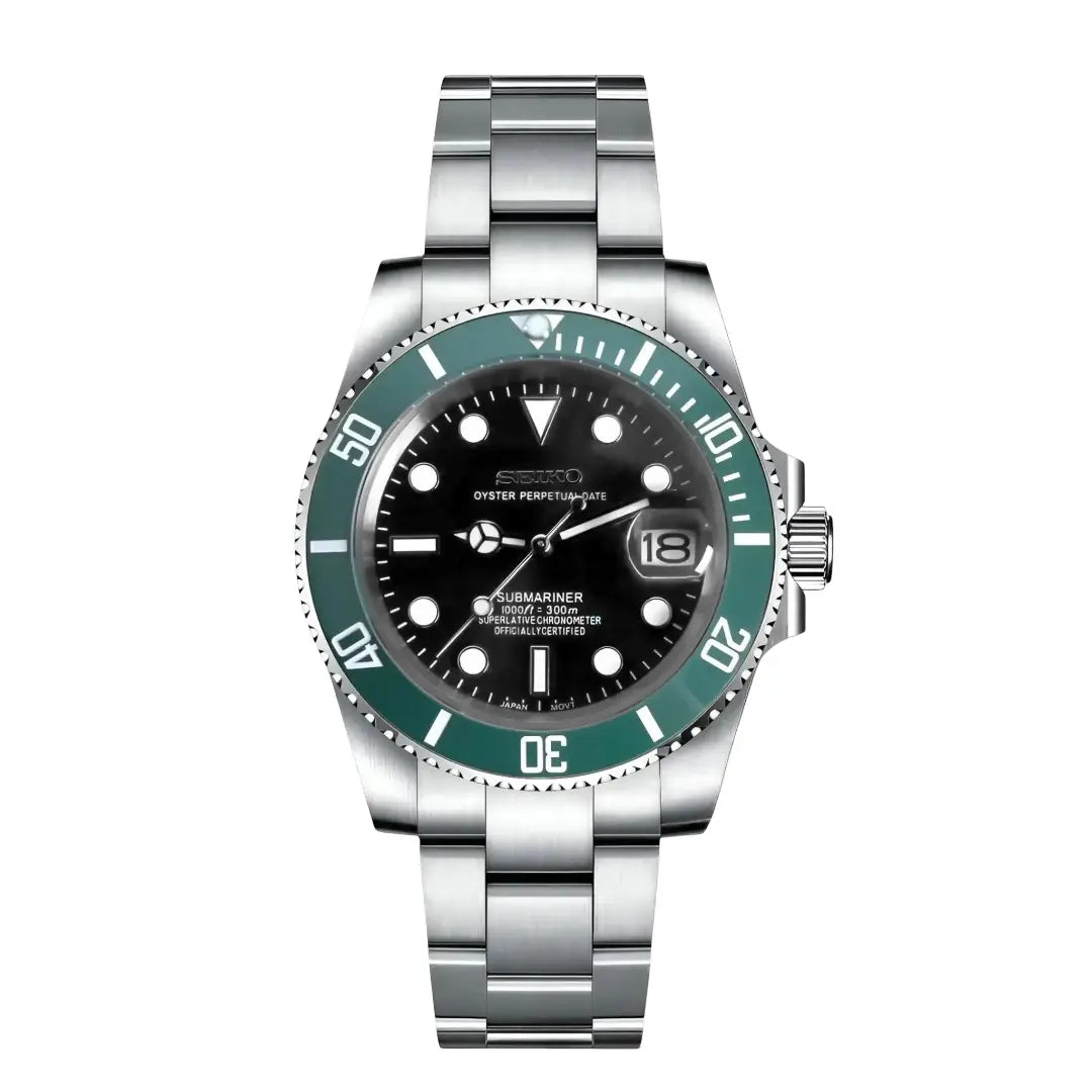 Silver seiko mod watch submariner Starbucks with a black face and blue bezel on a white background