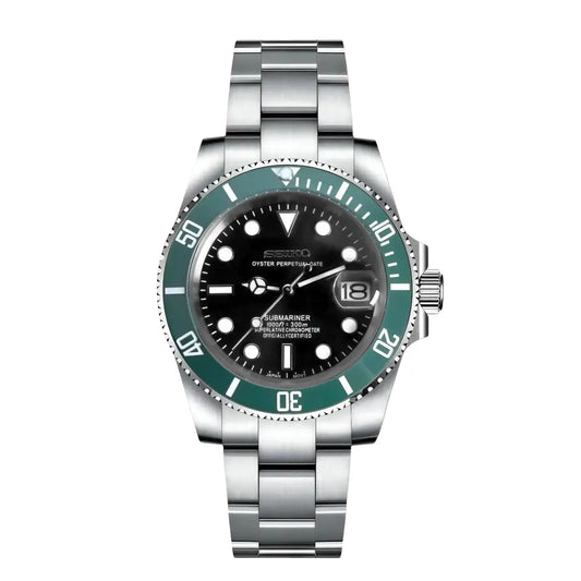 Silver seiko mod watch submariner Starbucks with a black face and blue bezel on a white background