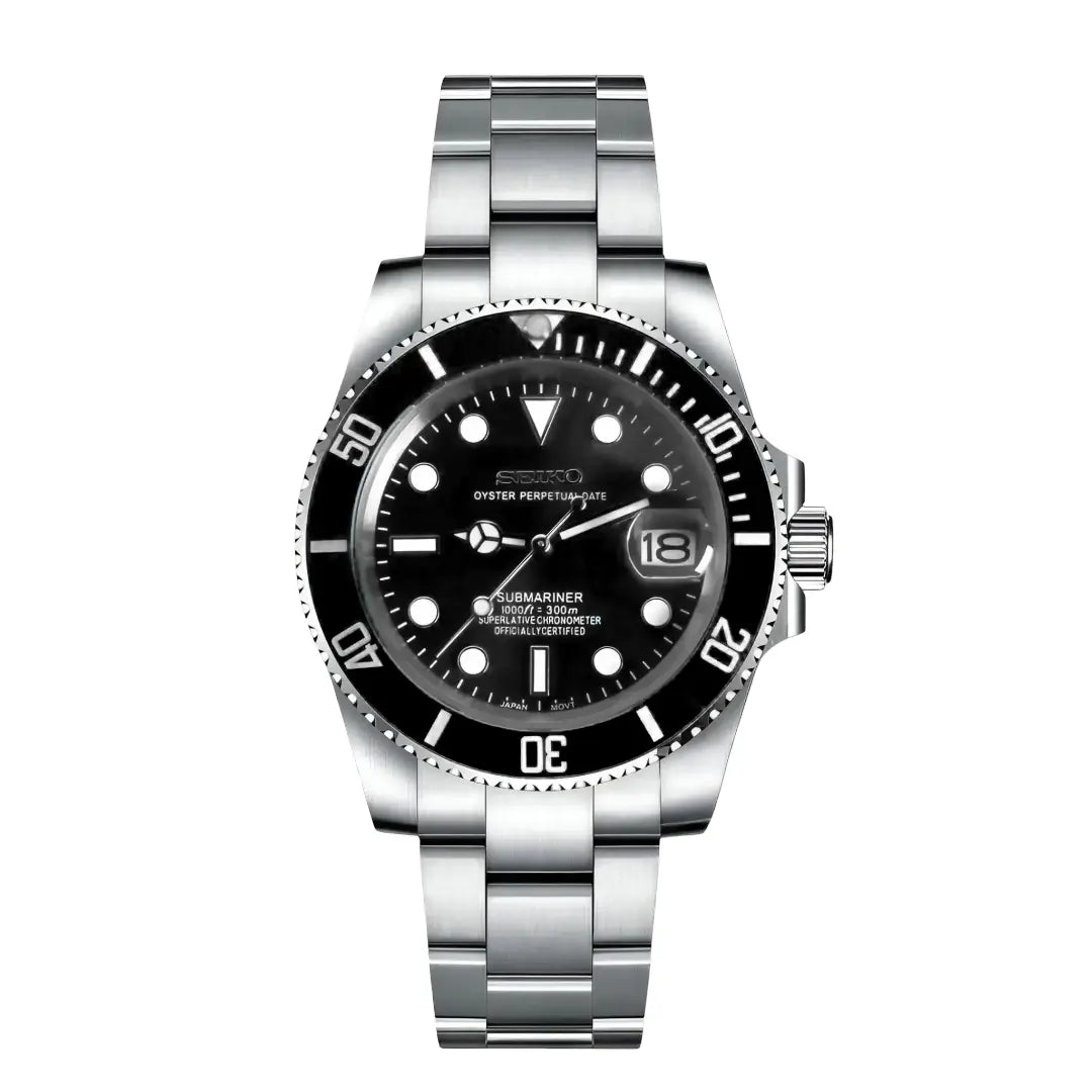 Silver seiko mod watch submariner black seiko mod with a black face and blue bezel on a white background