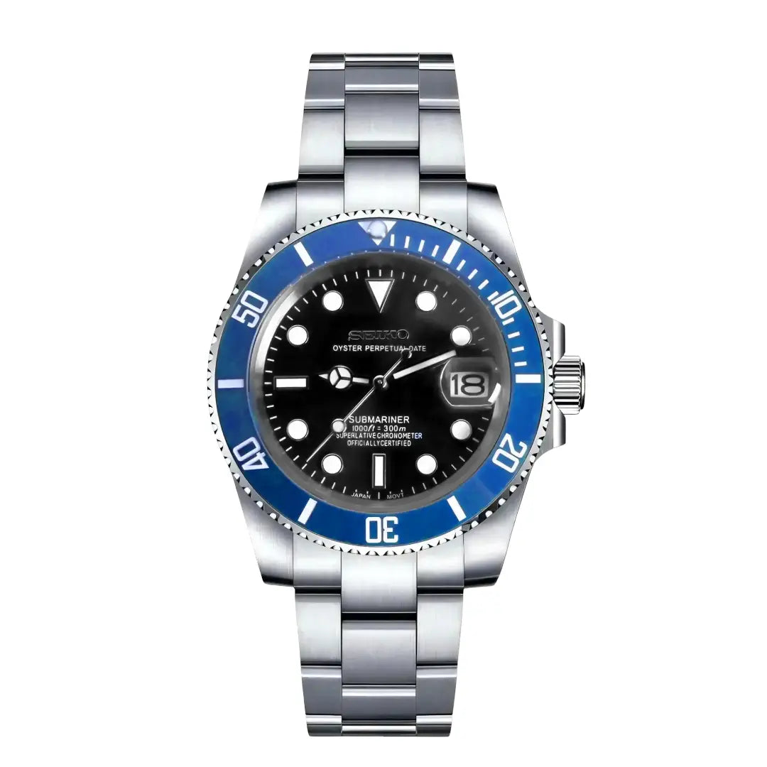 Silver seiko mod watch submariner cookie monster with a black face and blue bezel on a white background