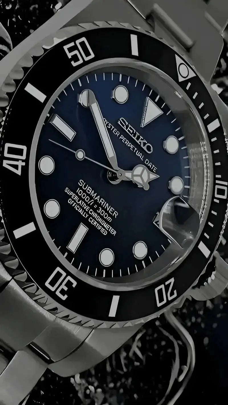Close-up of a Seiko watch with a blue face and black bezel. seiko mod watch