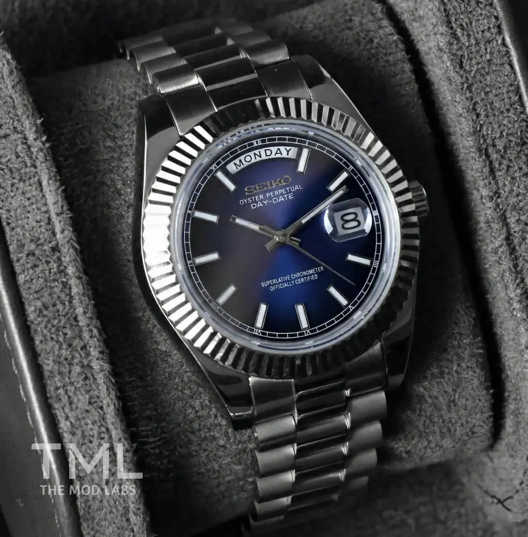 blue Seiko mod day date watch the mod labs