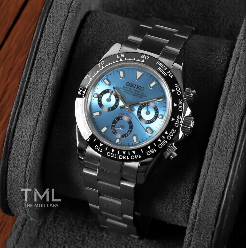 blue and silver daytona Seiko mod watch the mod labs