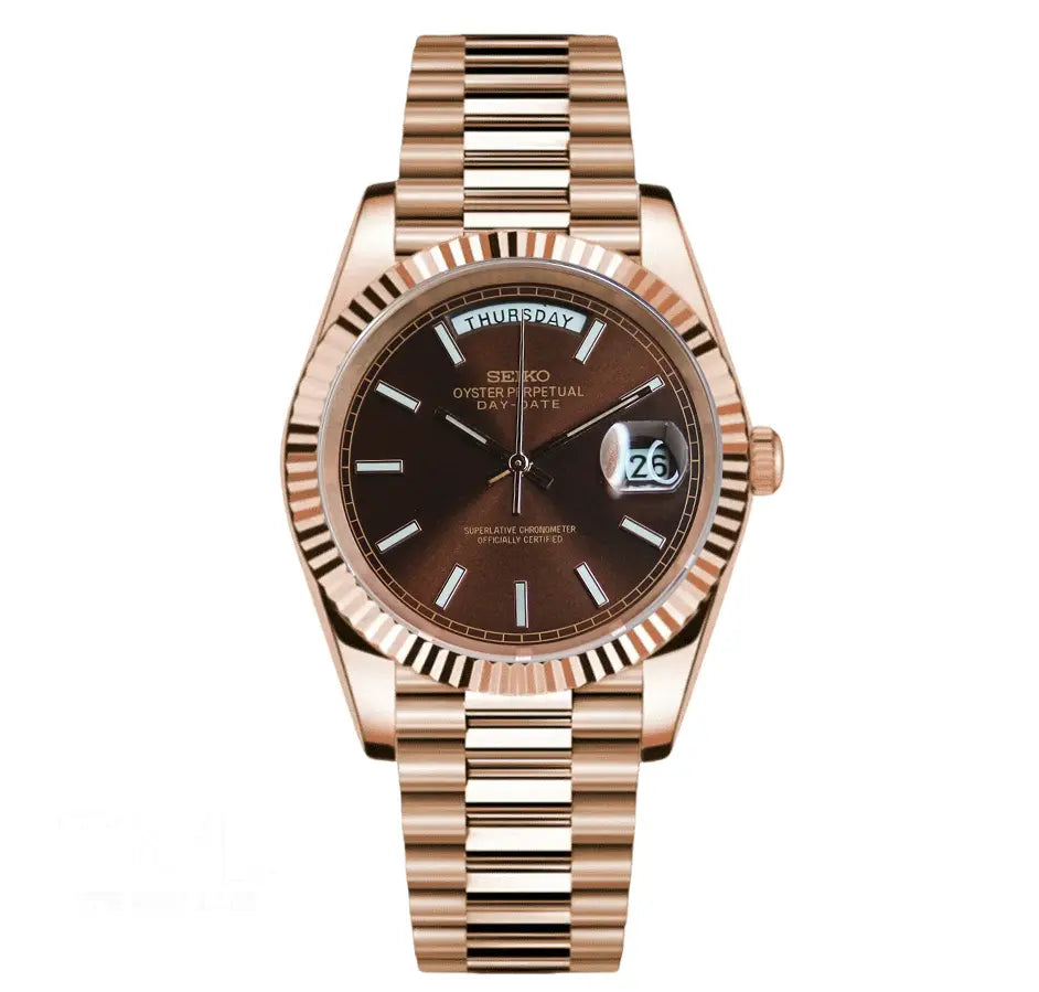 chocolate rose gold Seiko mod day date watch the mod lab
