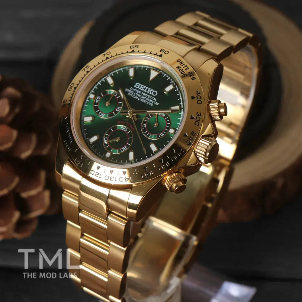 gold and green daytona Seiko mod watch the mod labs