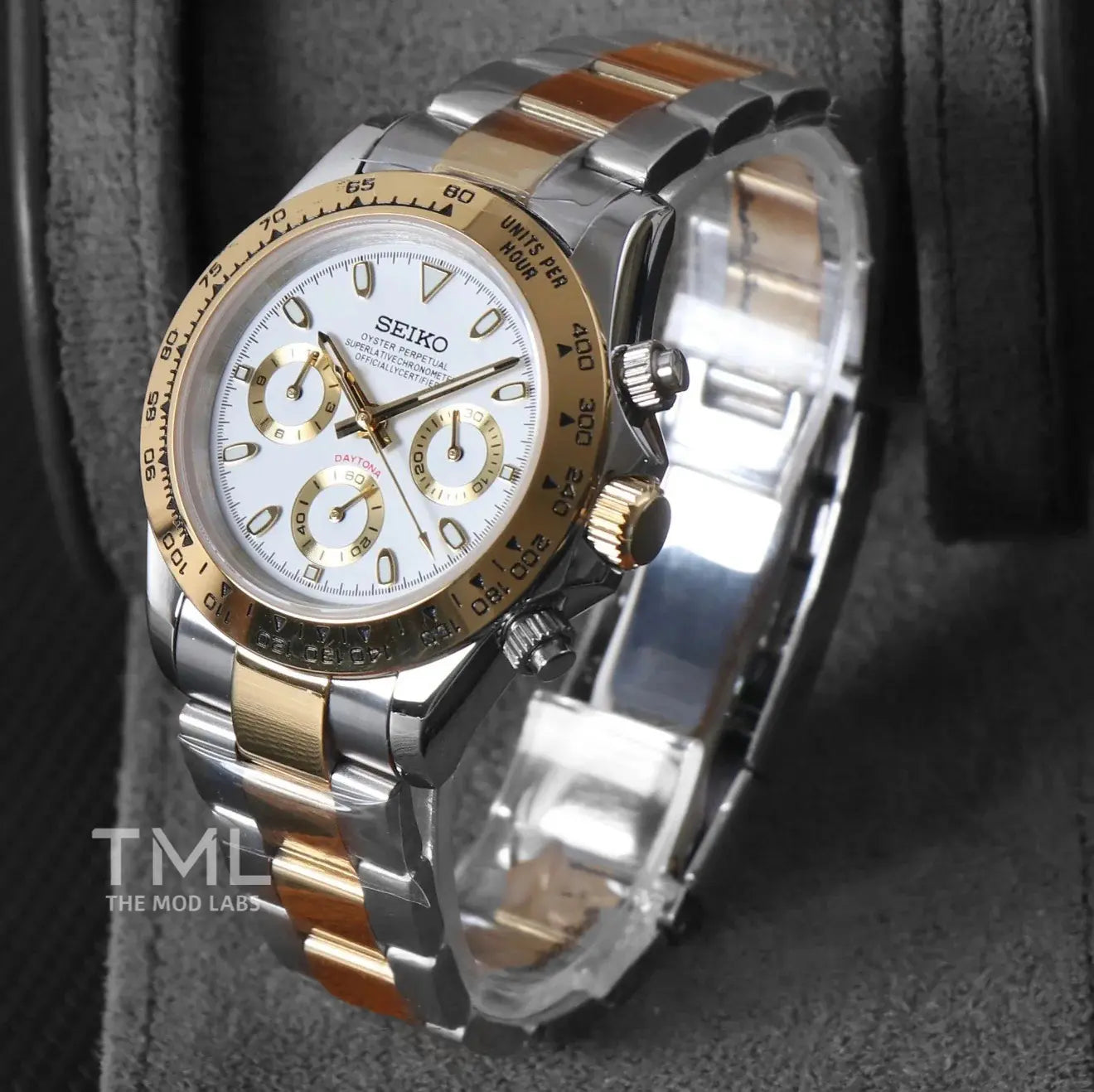 gold and white daytona Seiko mod watch the mod labs