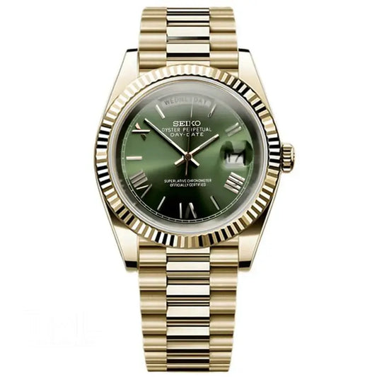 mint green and gold Seiko mod day date watch the mod labs