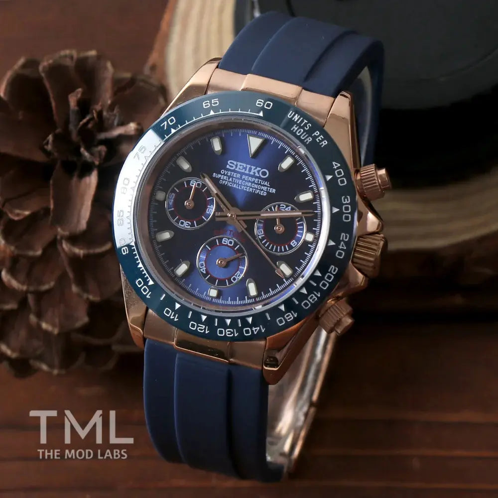 rose gold blue daytona Seiko mod watch the mod labs