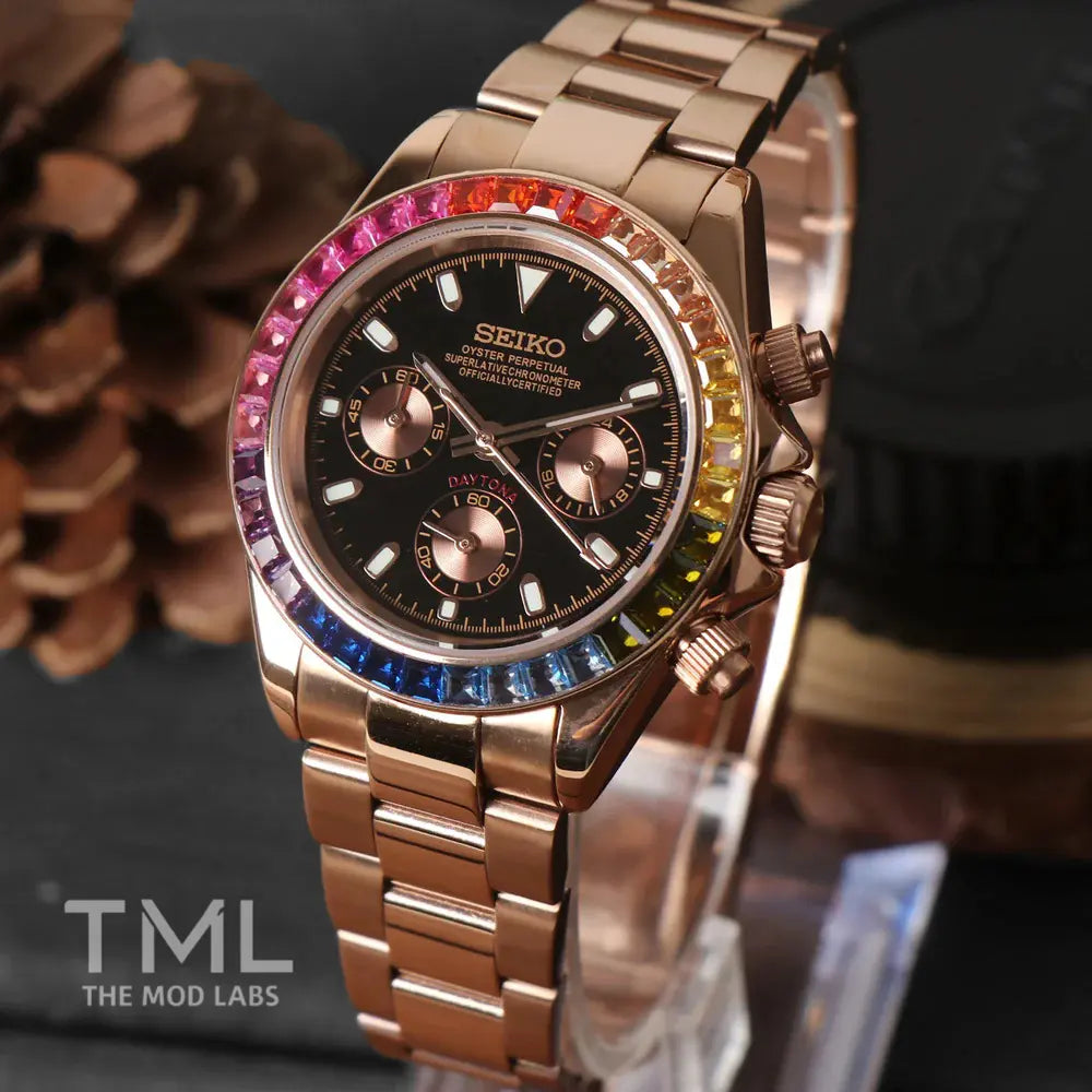 rose gold rainbow daytona Seiko mod watch the mod labs