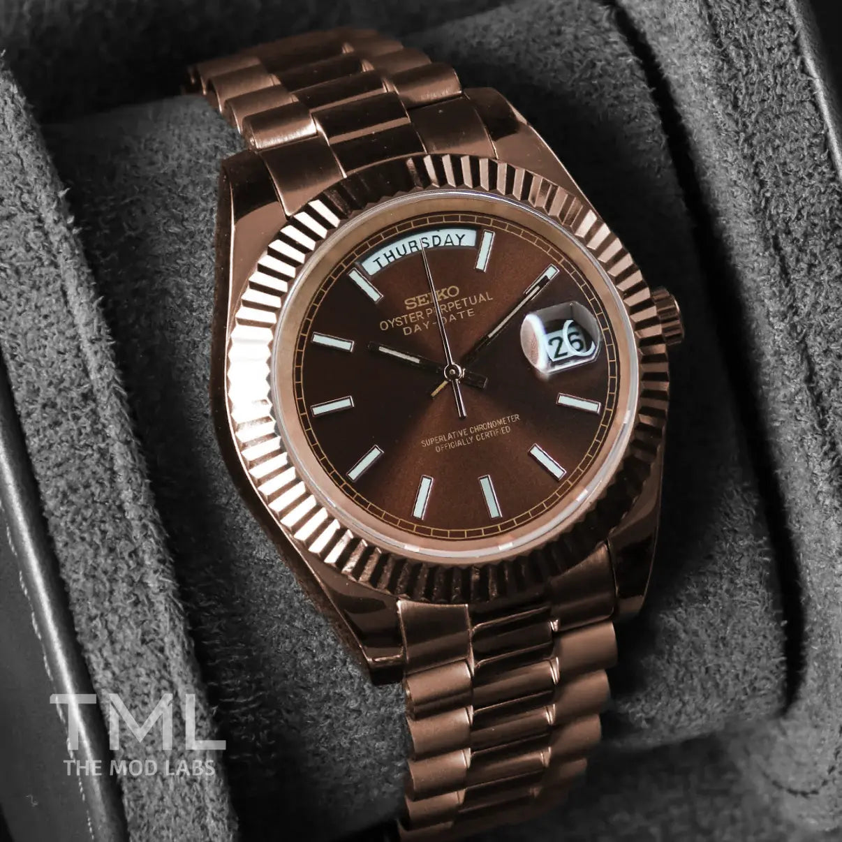 rose gold Seiko mod watch chocolate day date the mod labs