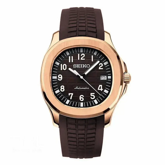Seiko mod watch with brown rubber strap and rose gold casing on white background the mod labs
