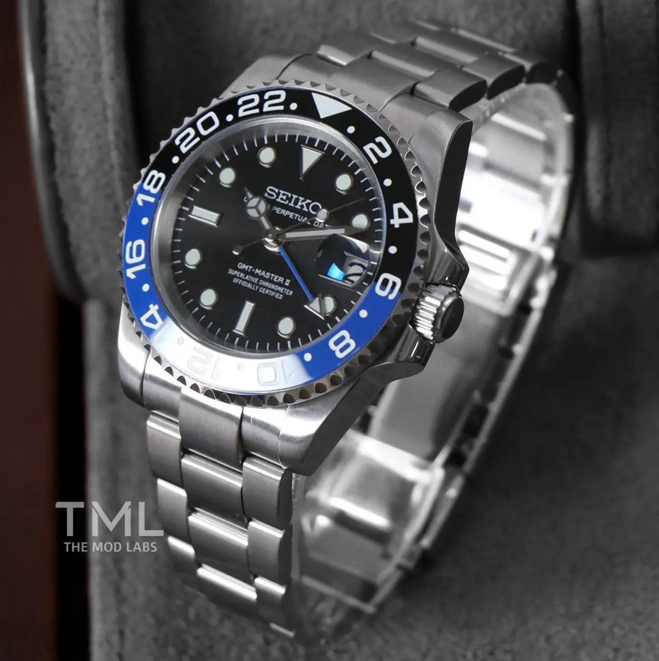 seiko mod watch batman gmt master 2 on a dark background the mod labs