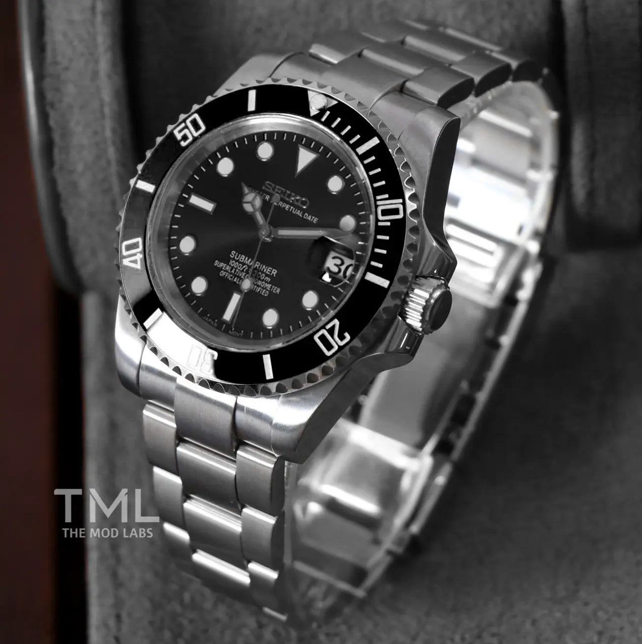 seiko mod watch black on a dark background the mod labs