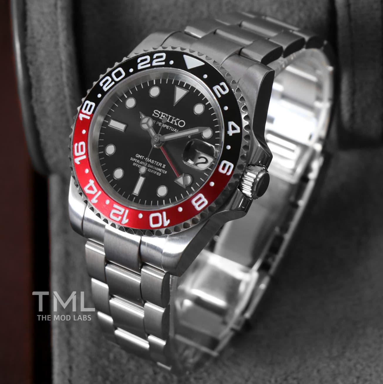 seiko mod watch coke gmt master 2 on a dark background the mod labs