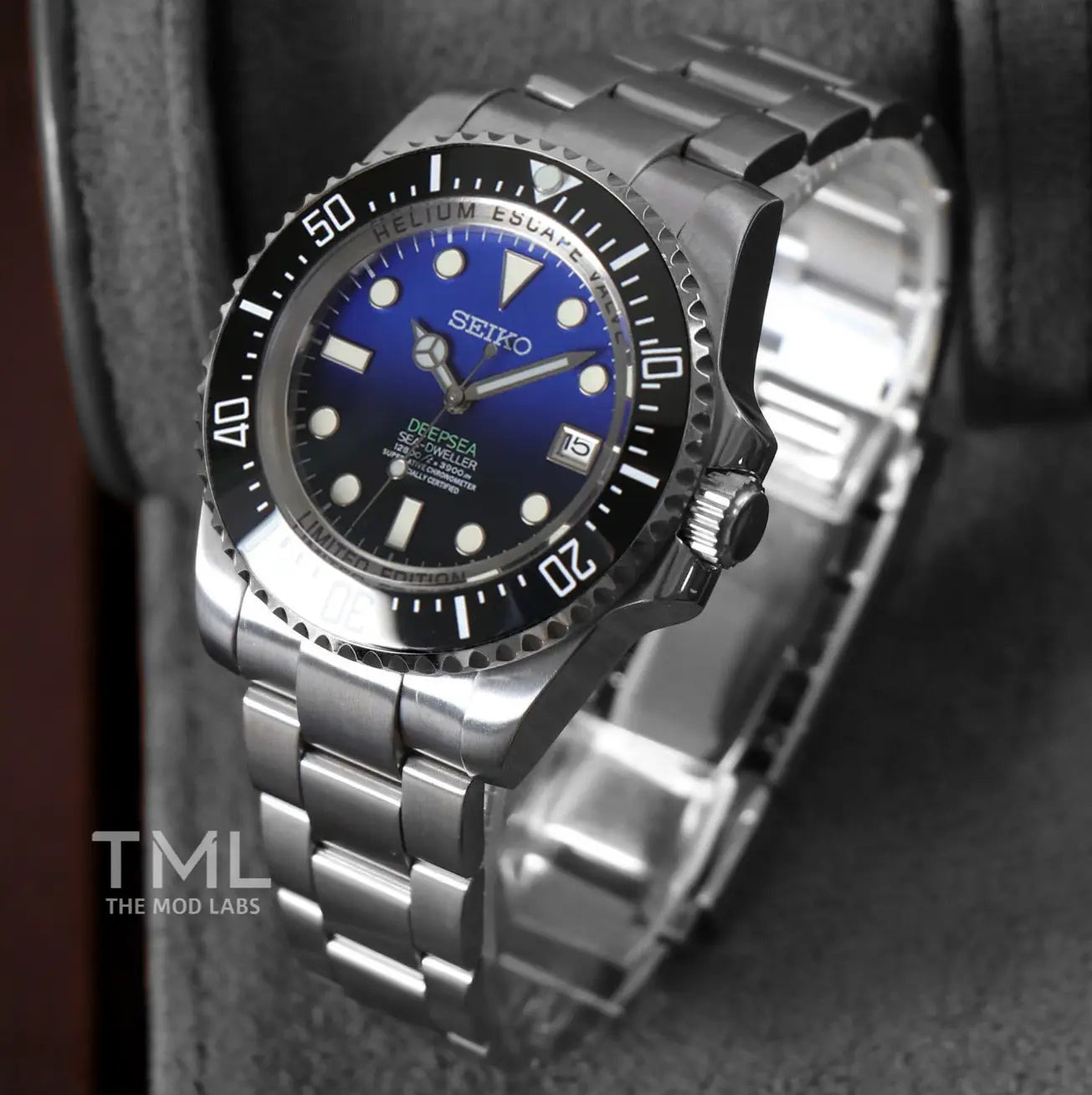 seiko mod watch deep sea submariner on a dark background the mod labs