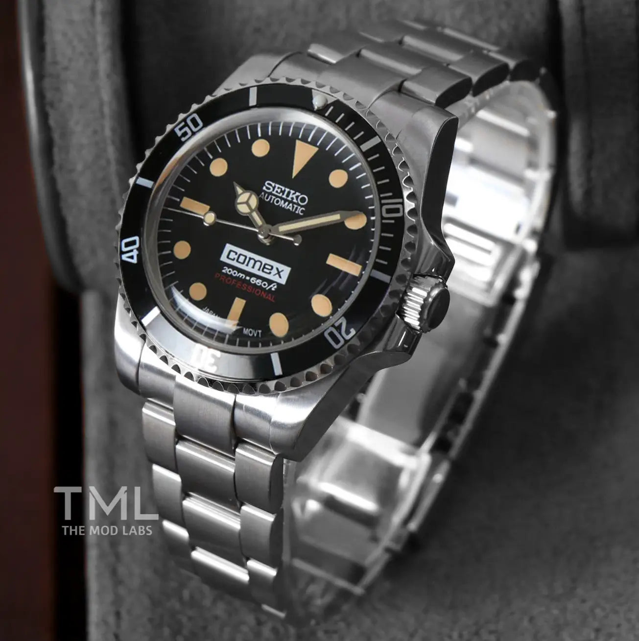 seiko mod watch vintage submariner on a dark background the mod labs
