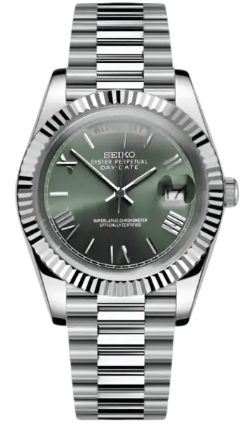 Seiko watch with silver metal bracelet and green dial on a white background seiko mod