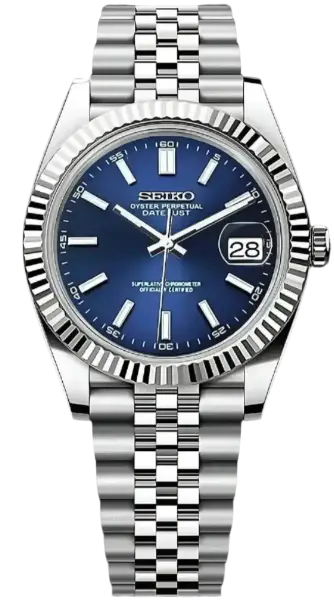 Seiko watch with blue dial and silver metal bracelet on a white background seiko mod