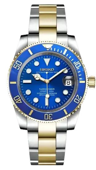 Seiko watch with blue dial and two-tone metal bracelet on a white background seiko mod