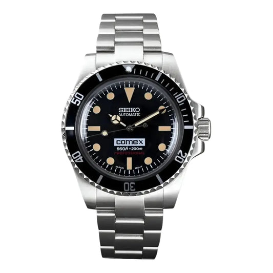 vintage Seiko mod watch with black dial and silver metal bracelet on a white background